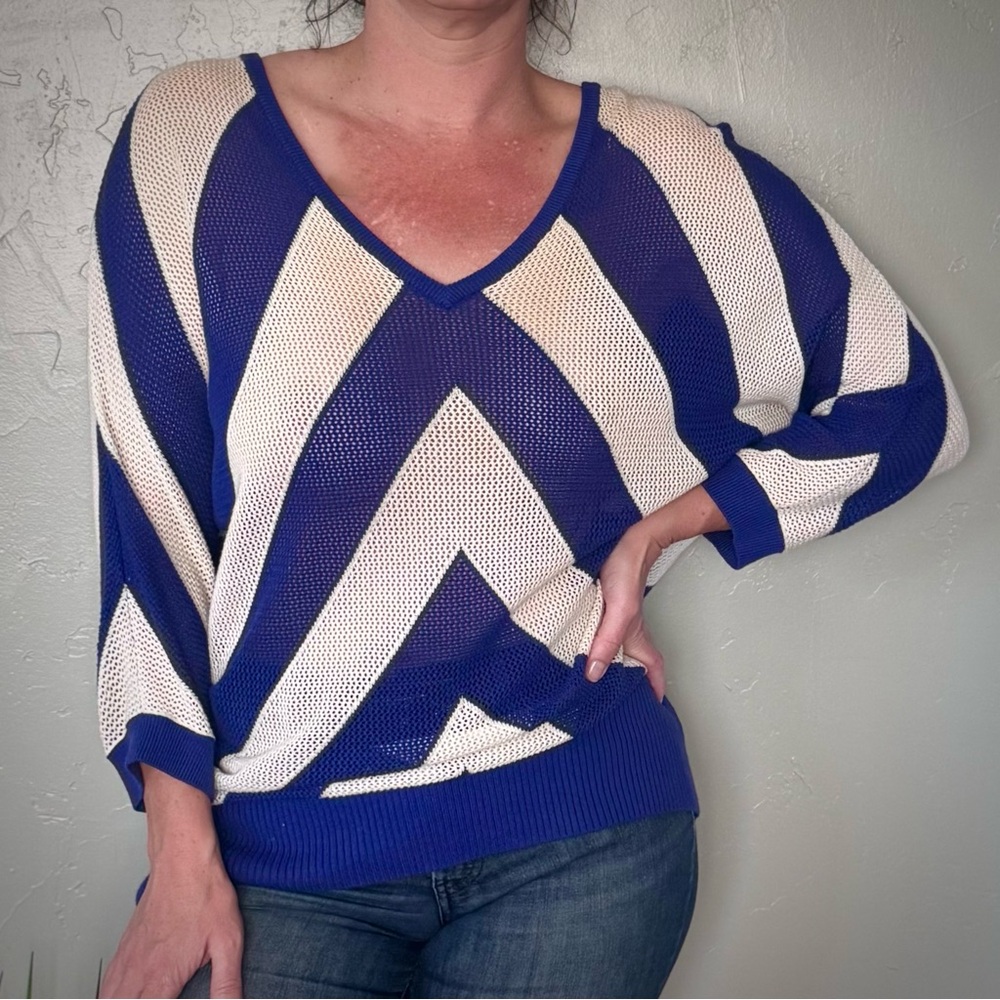 Forever 21 Royal Blue & White Chevron Open V-Neck 3/4 Sleeve See Through Sweater